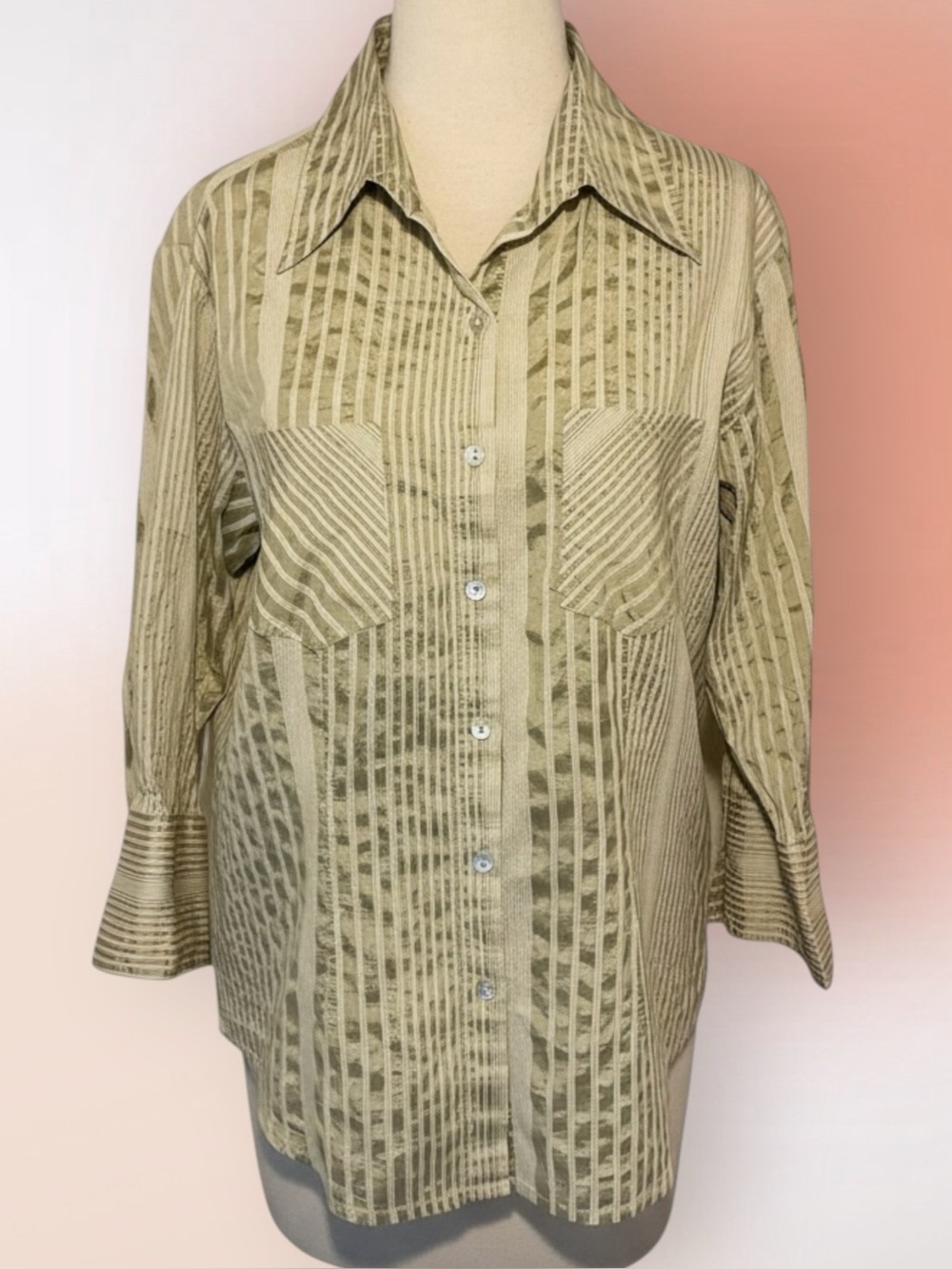 Chico’s Silk Blend Classic Button Up Collared Olive Stripe Shirt Size 1